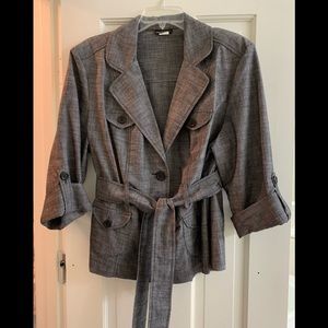 Charcoal grey button down jacket.